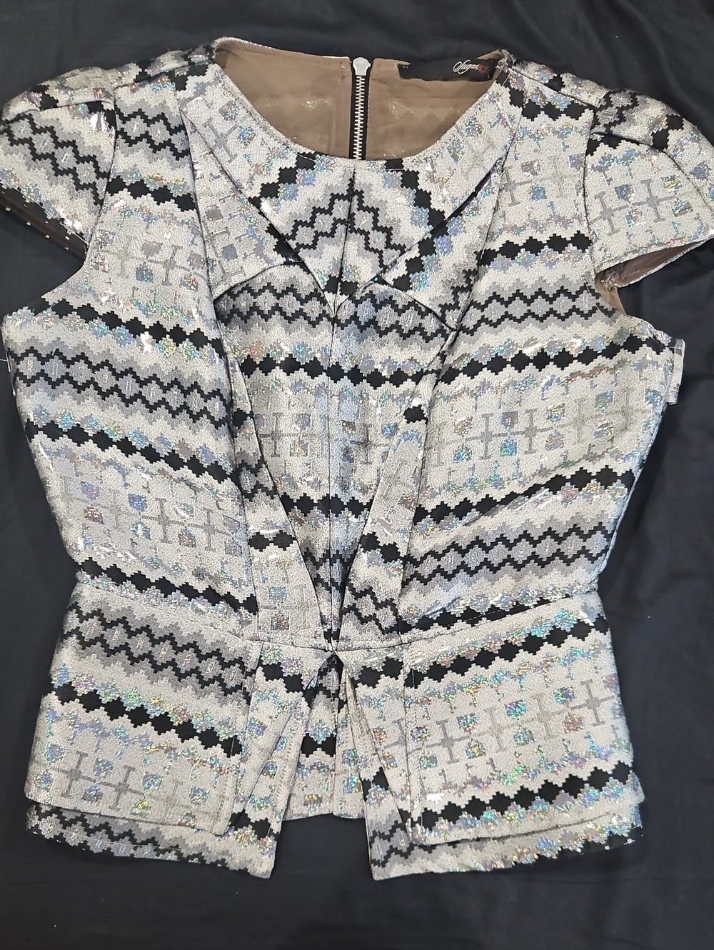 Metallic Womans Top - Silver/Black With Cap Sleeves